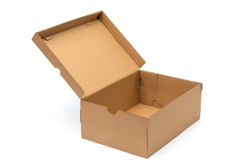 Brown cardboard shoes box with lid for shoe or sneaker product packaging mockup, isolated on white with clipping path.