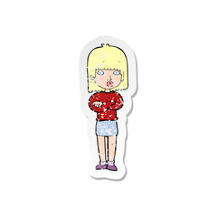 retro distressed sticker of a cartoon impatient woman