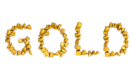 GOLD word text arranged by gold nuggets on white background, business and industrial concept..