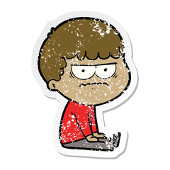 distressed sticker of a cartoon annoyed man