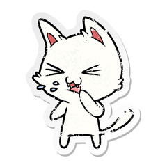 distressed sticker of a cartoon cat hissing