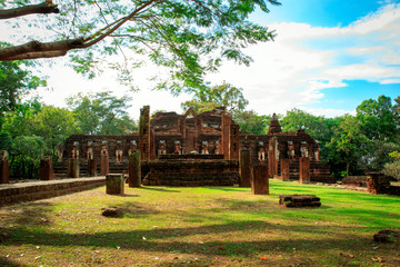 Ancient Pagoda at Wat Chang Rop temple in Kamphaeng Phet Historical Park In Thailand, Buddha statue, Old Town,Tourism, World Heritage Site, Civilization,UNESCO.