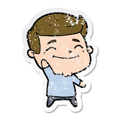 distressed sticker of a happy cartoon man waving