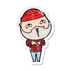 distressed sticker of a cartoon happy bearded man