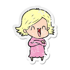 distressed sticker of a cartoon happy woman