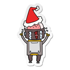 sticker cartoon of a crying robot wearing santa hat