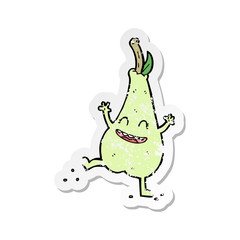 retro distressed sticker of a cartoon happy dancing pear