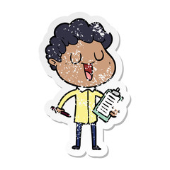 distressed sticker of a laughing cartoon man with clipboard and pen