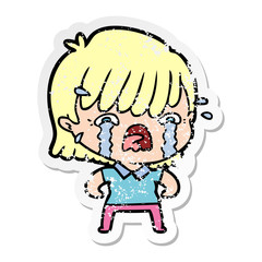 distressed sticker of a cartoon girl crying