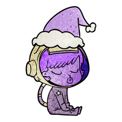 textured cartoon of a pretty astronaut girl sitting waiting wearing santa hat