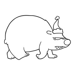 line drawing of a angry polar bear wearing santa hat