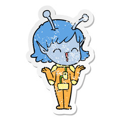 distressed sticker of a cartoon alien girl laughing