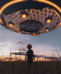 Boy looking at an UFO saucer,3d rendering © Joe Therasakdhi
