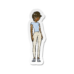 retro distressed sticker of a cartoon modern attractive woman