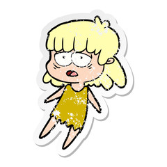 distressed sticker of a cartoon tired woman