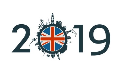 Circle with sea shipping and travel relative silhouettes. Objects located around the circle. Industrial design background. 2019 year number. Flag of the United Kingdom