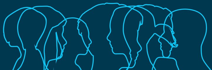 Social media network. Outline human silhouettes. Overlay heads. Digital, interactive and global communication concept.