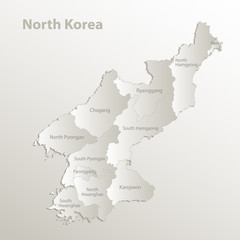 North Korea map separate region names individual card paper 3D natural vector