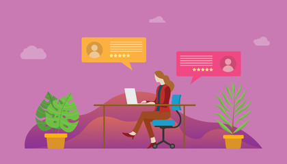 live chat woman people on front of laptop and desk with icon symbol - vector illustration