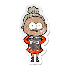 distressed sticker of a cartoon happy old woman