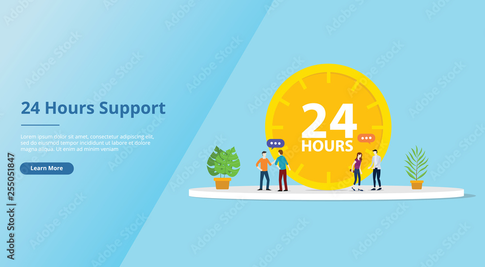 Poster 24 hours support service concept for website template page with clock and people team - vector illus