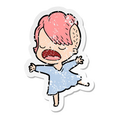 distressed sticker of a cartoon cool hipster girl talking