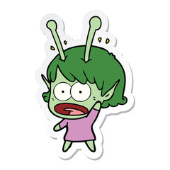 sticker of a cartoon shocked alien girl