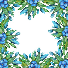 Watercolor frame of flowers isolated on white background. Floral illustration for design greeting cards, wedding invitations, natural cosmetics, packaging and tea.