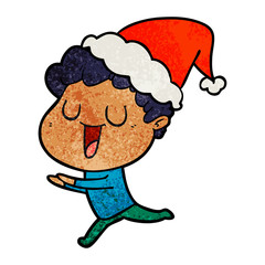 laughing textured cartoon of a man running wearing santa hat