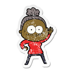 distressed sticker of a cartoon happy old woman