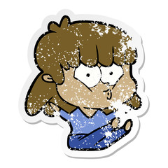 distressed sticker of a cartoon whistling girl