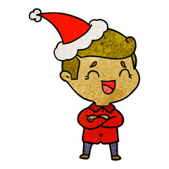 textured cartoon of a laughing man wearing santa hat