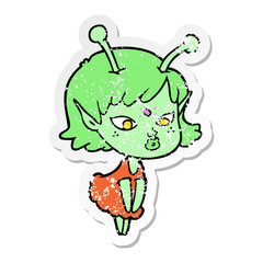 distressed sticker of a pretty cartoon alien girl