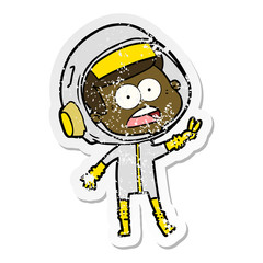distressed sticker of a cartoon surprised astronaut