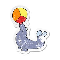 retro distressed sticker of a cartoon seal balancing ball