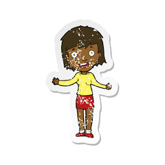 retro distressed sticker of a cartoon excited woman