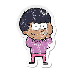distressed sticker of a cartoon curious boy
