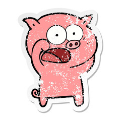 distressed sticker of a cartoon pig shouting