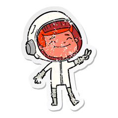 distressed sticker of a happy cartoon astronaut