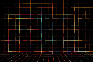 Abstract multicolored background, with lines and squares on the wall in perspective.