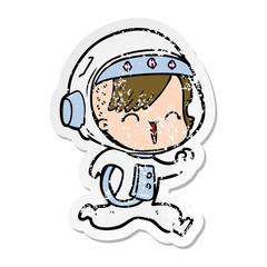 distressed sticker of a happy cartoon space girl