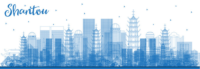 Outline Shantou China City Skyline with Blue Buildings.