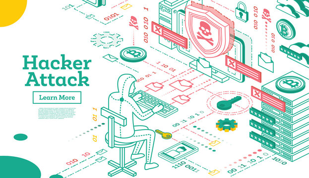 Outline Hacker Attack. Isometric Cyber Security Concept.