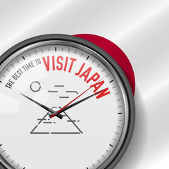 The Best Time for Visit Japan. Vector Clock with Slogan. Japanese Flag Background. Analog Watch. Mountain Fuji Icon