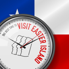 The Best Time for Visit Easter Island. White Vector Clock with Slogan. Chilean Flag Background. Analog Watch. Moai Icon