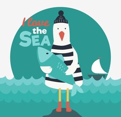 Funny sea gull with fish 