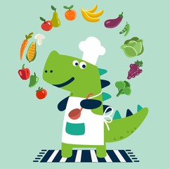Cute and smiling dinosaur in chef uniform with fruits and vegetables. Healthy food vector concept