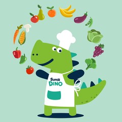 Cute and smiling dinosaur in chef uniform with fruits and vegetables. Healthy food vector concept