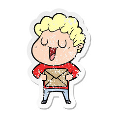 distressed sticker of a laughing cartoon man with parcel