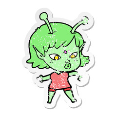 distressed sticker of a pretty cartoon alien girl